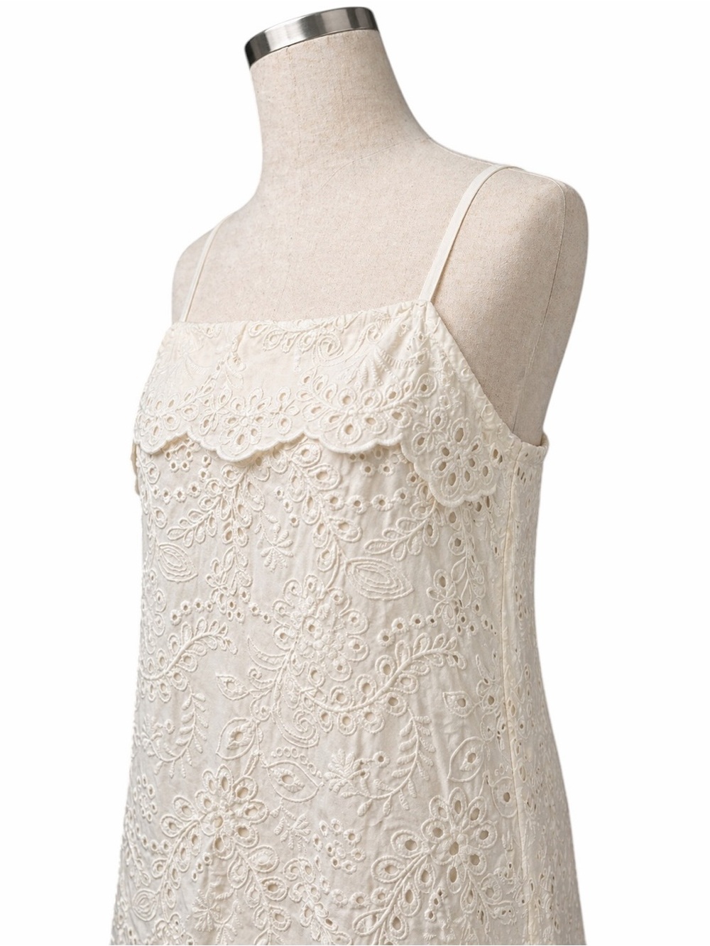 Karen Kane Cotton Eyelet Midi Dress Adjustable Straps Scalloped Hem Ivory M NWT - Picture 4 of 13